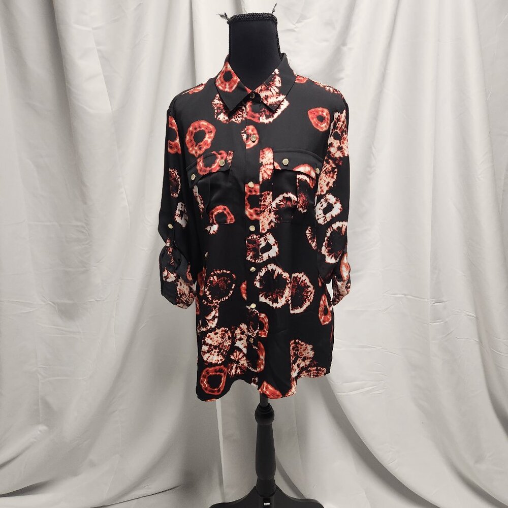 HALSTON Printed Button-Down Blouse – Size M – NWT